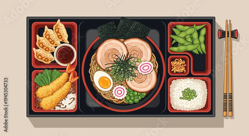 Delicious japanese bento box meal with ramen dumplings and vegetables