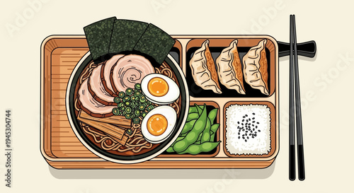 Delicious japanese ramen and bento box meal illustration