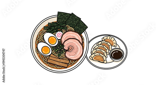 Delicious japanese ramen and dumplings illustration isolated on white