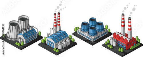 Isometric Industrial Factory and Power Plant Buildings Vector Set Cooling Towers Chimneys Energy Production Infrastructure Technology Illustration Design