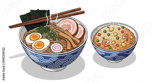 Delicious japanese ramen and fried rice bowls on white background
