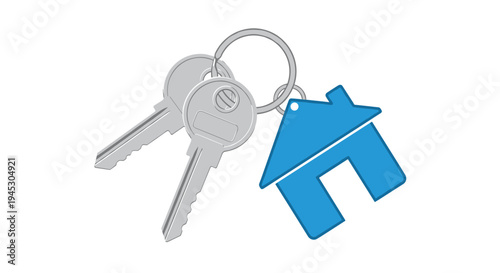 Two silver keys and a blue house keychain are on a metal keyring.