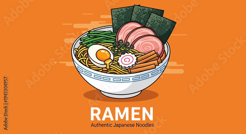 Delicious japanese ramen bowl illustration on orange background