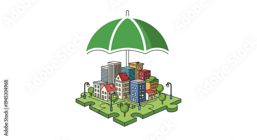 A miniature city on green puzzle pieces is covered by a large green umbrella.