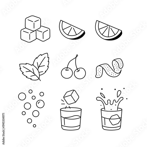 Vector outline icon set with cocktail ingredients and drink elements including ice cubes, citrus slices, mint leaves, cherries, orange peel, bubbles and splash drink illustrations.