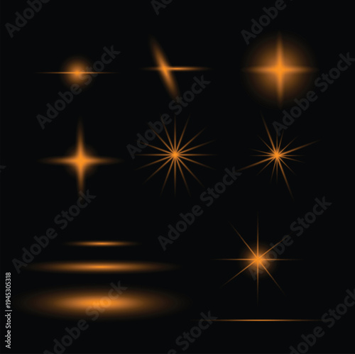 Set of realistic golden lens flares and starburst light effects on dark background.