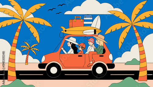 Family Road Trip in Orange Car Tropical Vector Illustration 