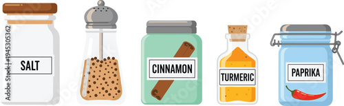 Spice jars vector illustration set with salt pepper cinnamon turmeric paprika containers kitchen seasoning ingredients collection