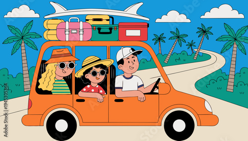 Family Road Trip in Orange Car Tropical Vector Illustration 