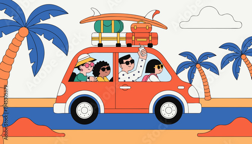 Family Road Trip in Orange Car Tropical Vector Illustration 