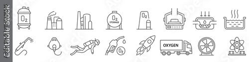 Oxygen production and industrial gas icon set – editable outline symbols of O2, storage, tank, mask, welding and transport