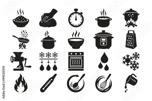 Cooking food and kitchen utensil icon set bundle representing household appliances and meal preparation vector illustration
