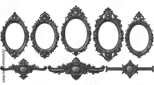 Set of ornate black frame borders and decorative elements isolated on white background for design and photography