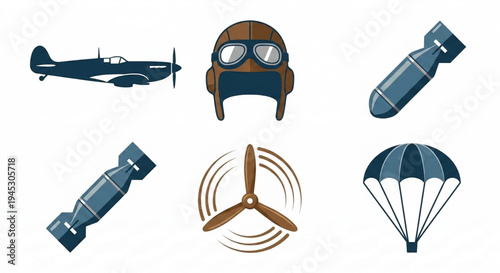 Vector icon set of classic aviation and military elements vintage fighter plane, pilot's helmet, aerial bombs, propeller, and parachute. Ideal for historical flight-themed projects