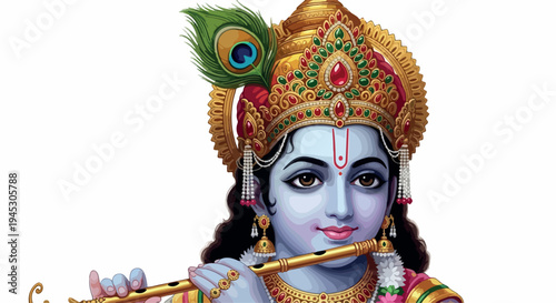 Illustration of Krishna playing a flute adorned with a peacock feather on his crown against a plain white background with traditional Indian attire and jewelry.