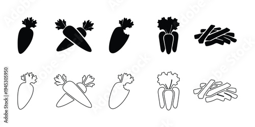 Carrot vegetable icon set with silhouette solid and outline styles isolated