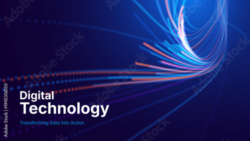 Technology Big Data Flow Background with AI Particles and Fiber Optics Digital Stream Lines. Fast Speed Broadband Internet Concept. Tech Business Presentation Template. Vector Illustration.