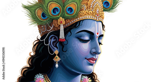 Illustration of a blue-skinned deity with a peacock feather crown and traditional Indian jewelry on a white background.