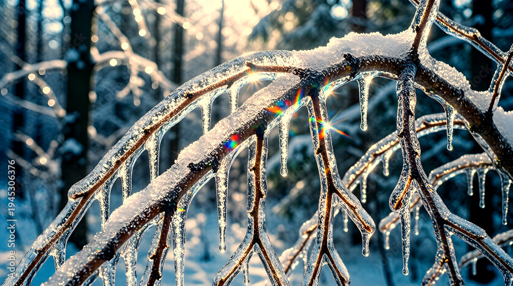 Obraz premium Ice Storm Aftermath with Every Tree Branch and Surface Coated in Thick Clear Ice Glaze Winter Forest Cold Blue-White Light Prismatic Rainbow