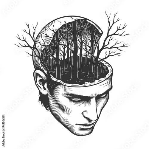 human head opened at the top with a dark forest growing inside, deep thoughts and the subconscious mind sketch engraving generative ai vector illustration. Scratch board imitation. Black and white.