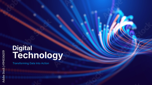 Technology Big Data Flow Background with AI Particles and Fiber Optics Digital Stream Lines. Fast Speed Broadband Internet Concept. Tech Business Presentation Template. Vector Illustration.