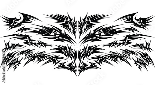 Intricate black tribal tattoo design on white background with sharp lines and abstract patterns
