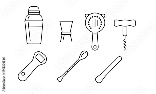 Vector outline icon set with bartender tools and bar equipment including cocktail shaker, jigger, strainer, corkscrew, bottle opener, bar spoon and mixing tools.