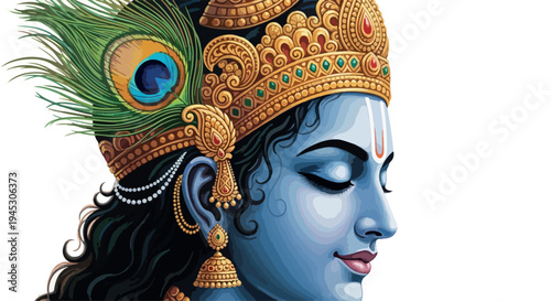 Close-up illustration of a blue-skinned deity with a peacock feather crown and gold jewelry on a white background.