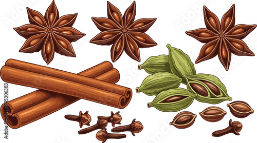 Star anise cinnamon sticks cardamom pods and cloves spice vector illustration aromatic cooking ingredients natural herbal seasoning set