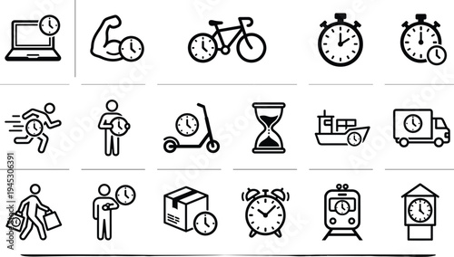 Time management and schedule icons set, clock deadline productivity delivery and activity line vector illustration collectionTime management and schedule icons set, clock deadline productivity deliver