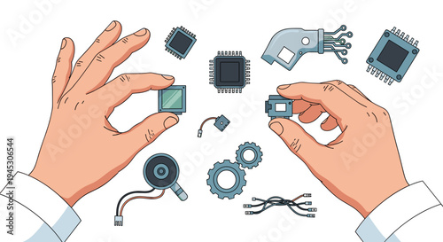 Two hands hold microchips surrounded by various electronic components on a white surface.