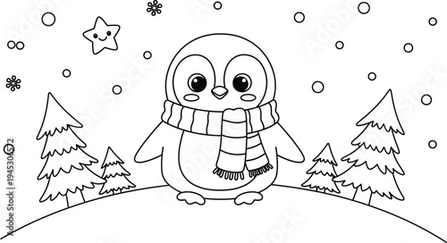 A cute penguin wearing a scarf in a snowy scene with trees