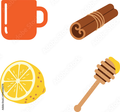 Tea Drink Ingredients Vector Set Mug Lemon Cinnamon Stick and Honey Dipper Illustration for Healthy Beverage Recipe Design