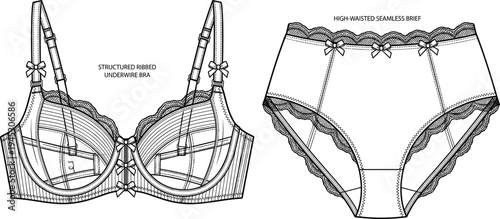 Women lingerie technical design illustration, structured underwire bra and high waisted seamless brief with lace trim fashion garment diagram