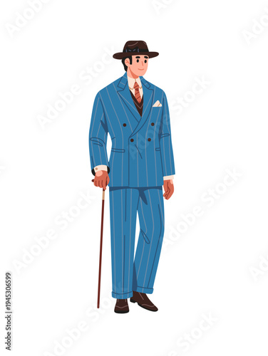 British gentleman with cane. Person is wearing blue costume of 19th century fashion. Elegant man in gloves, hat, walking stick and old outfit. Flat isolated vector illustration on white background