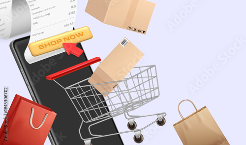Online Shopping Background with Smartphone Credit Card and Shopping Bags