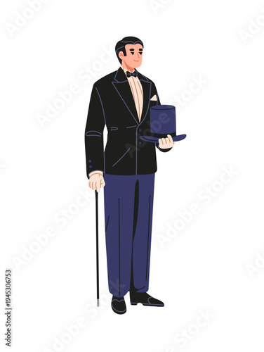 British gentleman is wearing outfit of the 19th century. Man with cane and vintage bowler in hand. Old fashion person in victorian costume. Flat isolated vector illustration on white background