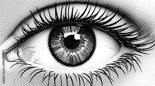 A detailed black and white illustration of a human eye with long eyelashes and a realistic iris, isolated on white background