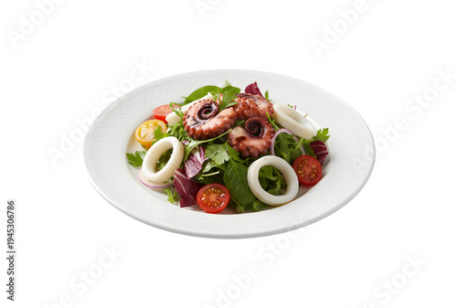 Squid and octopus salad on a white backdrop

