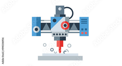 A blue and grey CNC milling machine cuts material, producing chips.