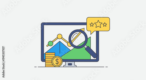 Computer screen displaying a graph with magnifying glass currency and stars