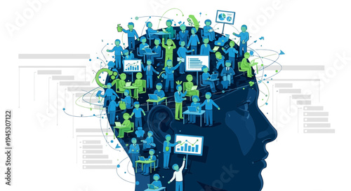 Conceptual illustration of a human head with connected people and ideas