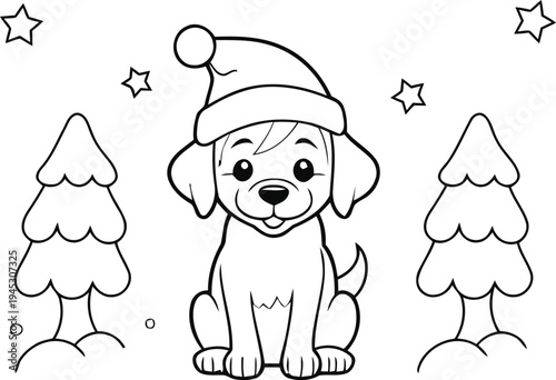A cute puppy wearing a santa hat in a winter scene