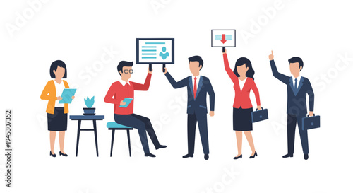 Diverse business professionals presenting ideas and concepts with displays