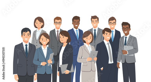 A diverse group of ten smiling business people stand together.