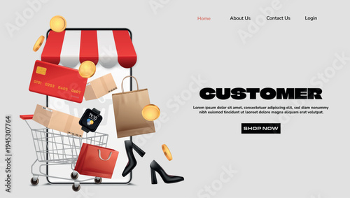 Online Shopping Landing Page with Smartphone Cart Credit Card and Packages