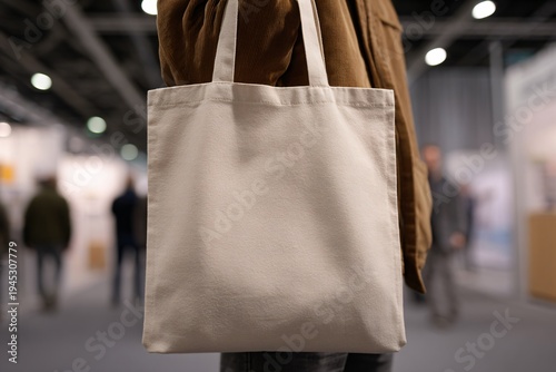 Blank Canvas Tote Bag Held by Person at Expo, Eco-Friendly Shopping Bag