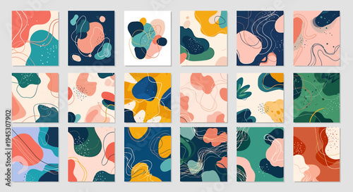 Modern abstract organic fluid shapes and wavy line patterns. Vibrant artistic backgrounds collection for creative digital design projects and illustrations