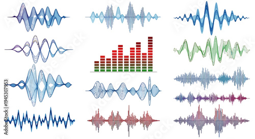 Dynamic array of vibrant sound wave visualizations and audio equalizer patterns, illustrating abstract digital frequencies for modern tech, music, and communication graphics