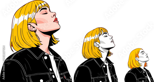 Set of 3 vector illustrations featuring a stylish woman with short blonde hair and a black denim jacket, looking up with closed eyes, in varying sizes, ideal for fashion, beauty